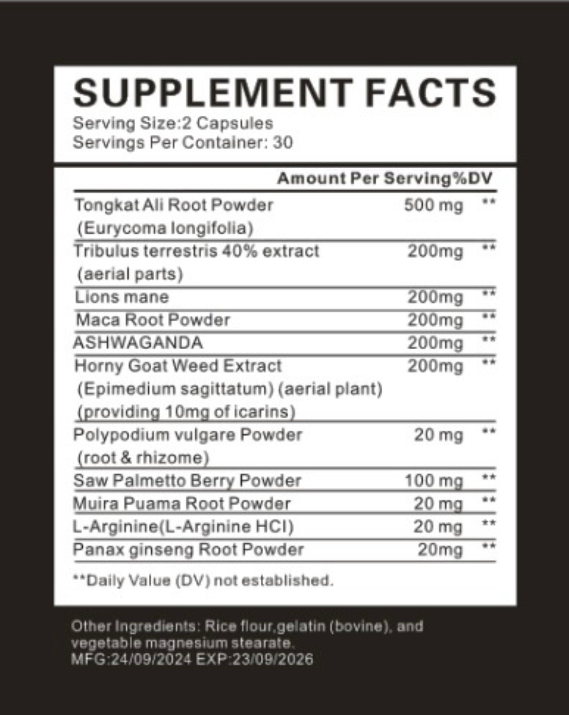 Tongkat Ali, Tribulus and Lion's Mane - 60 Caps 850MG 30 Servings