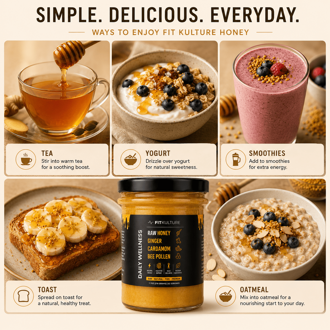 Fit Kulture Raw Greek Wildflower Honey with Ginger, Cardamom & Bee Pollen – 218g - Fit Kulture HQ