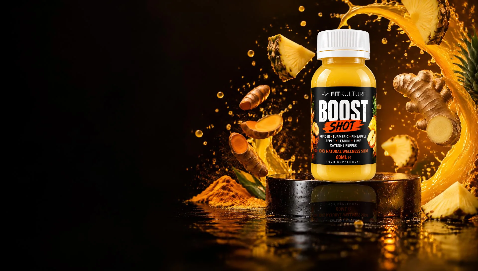 FIT KULTURE BOOST SHOT Ginger & Turmeric 60ml bottle with ginger, turmeric and pineapple