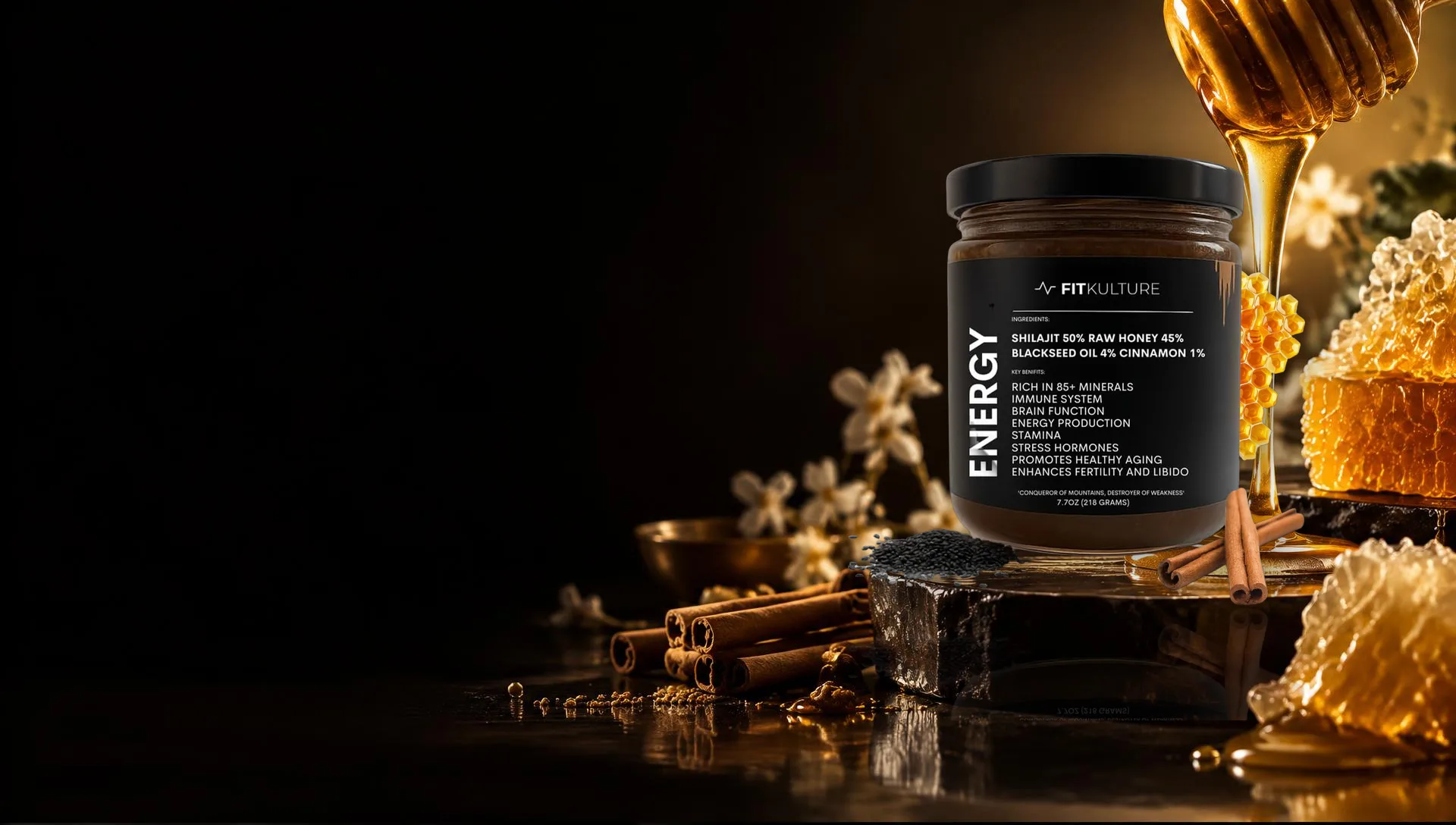 FIT KULTURE Shilajit Honey 218g jar with honeycomb and cinnamon