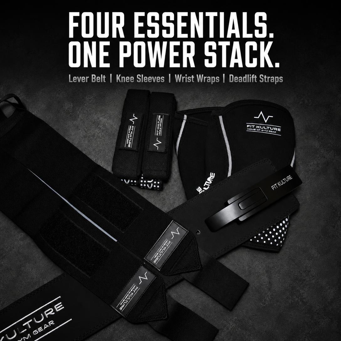 Power Stack contents: lever belt, knee sleeves, wrist wraps and deadlift straps