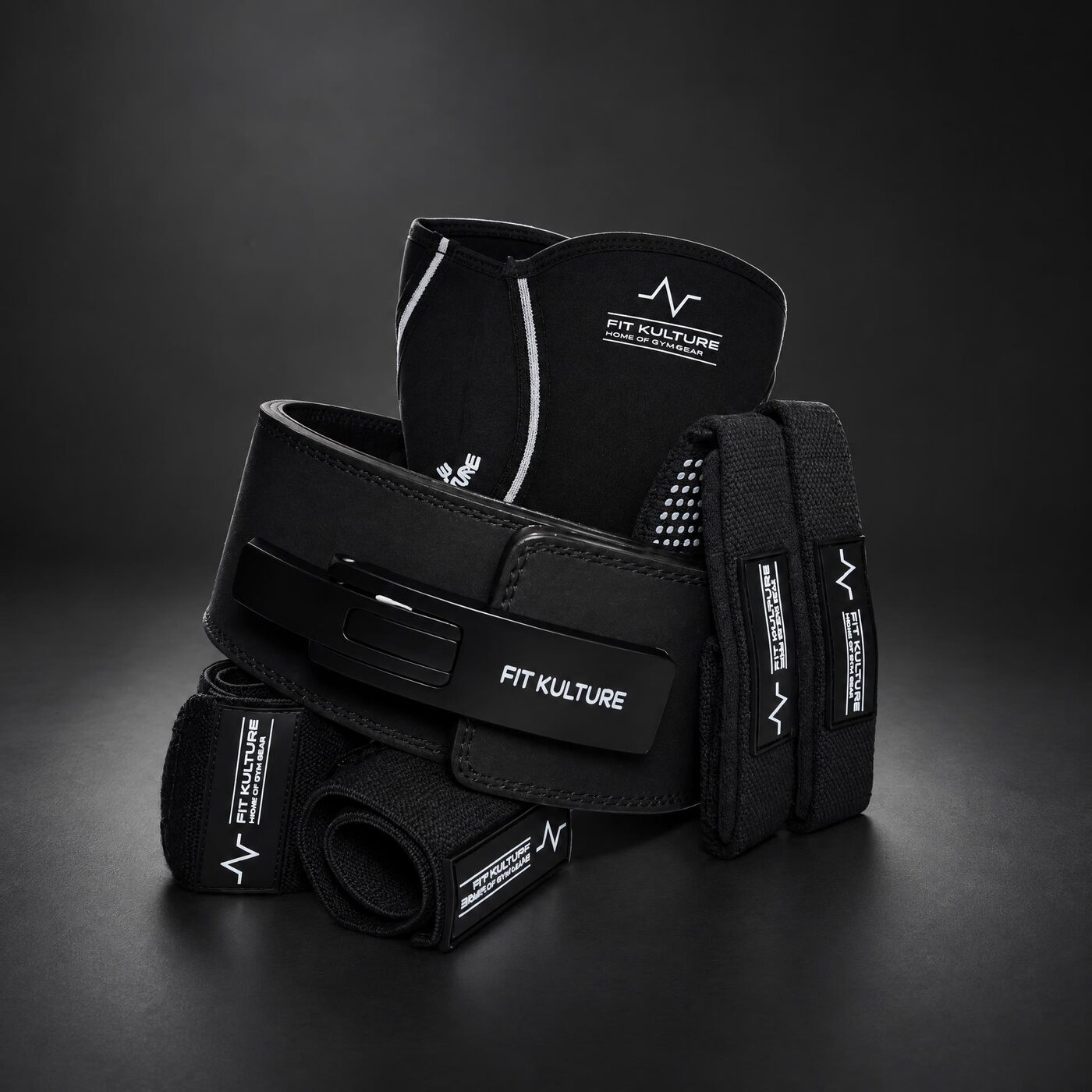 FIT KULTURE Power Stack: lever belt, knee sleeve, wrist wraps and deadlift straps