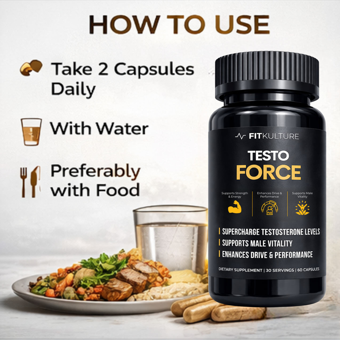 Fit Kulture Testo Force Testosterone Booster 60 Capsules Male Vitality Energy Support