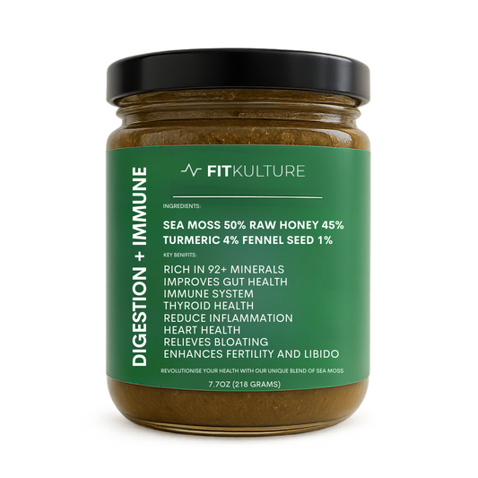 FITKULTURE Digestion + Immune supplement jar featuring sea moss, raw honey, turmeric, and fennel seed blend for gut health, immunity, and inflammation support.