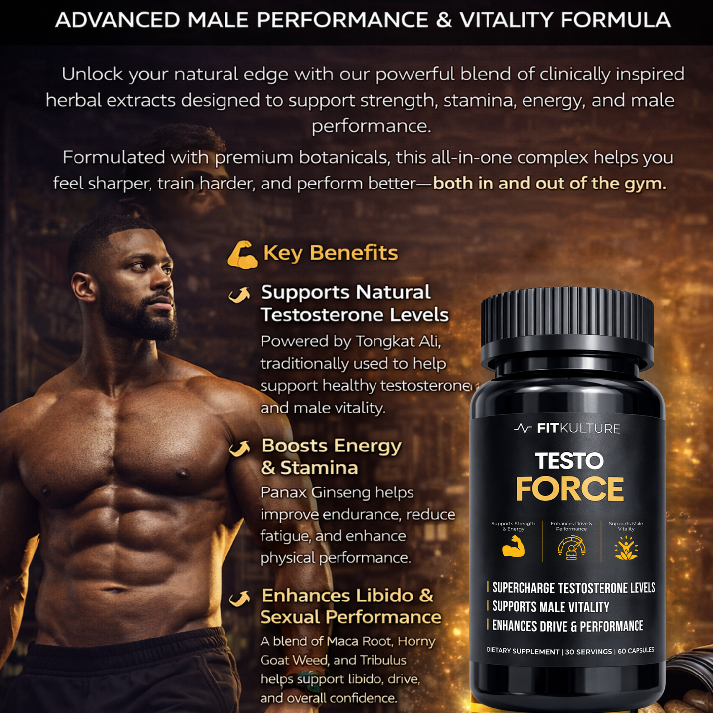 Fit Kulture Testo Force Testosterone Booster 60 Capsules Male Vitality Energy Support