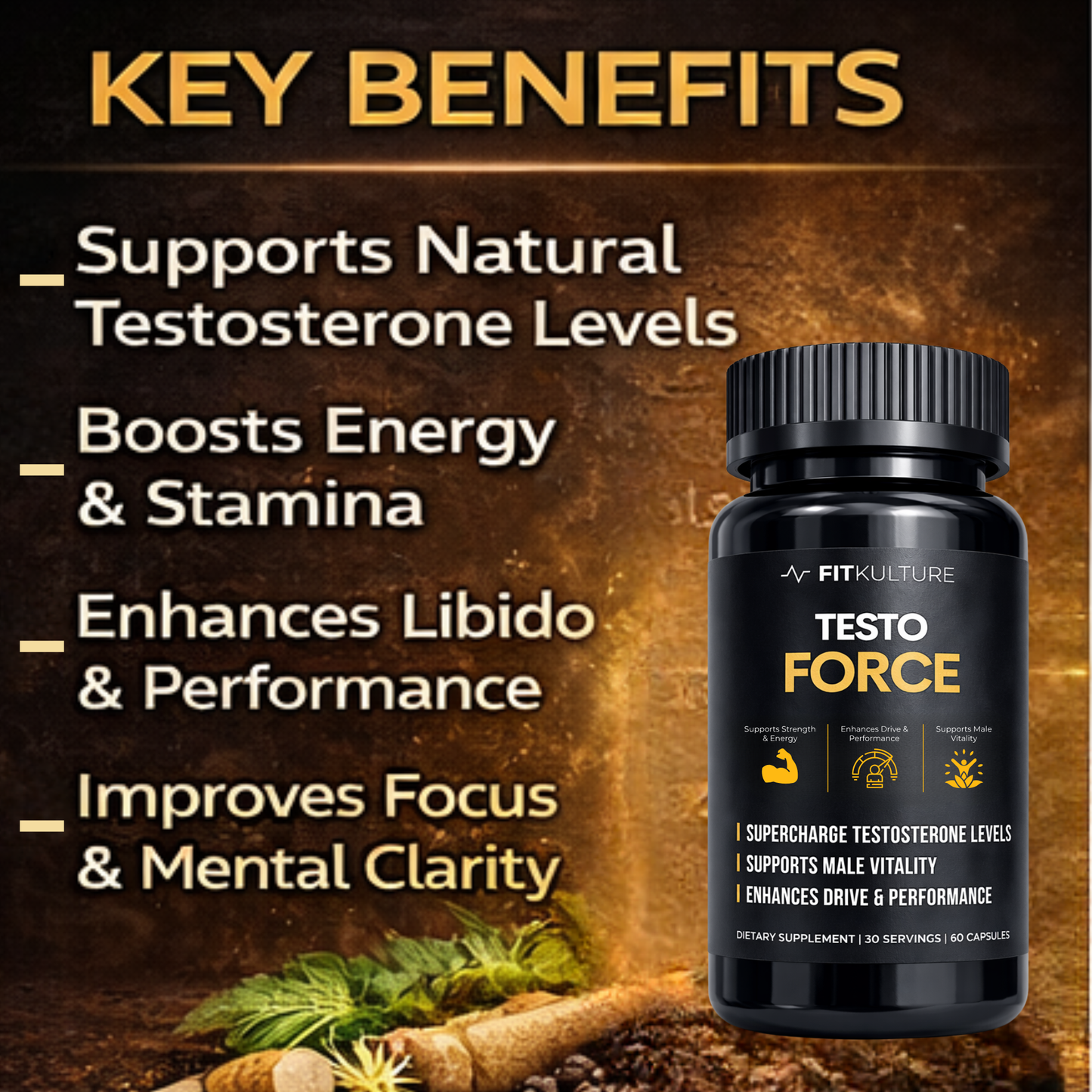Fit Kulture Testo Force Testosterone Booster 60 Capsules Male Vitality Energy Support