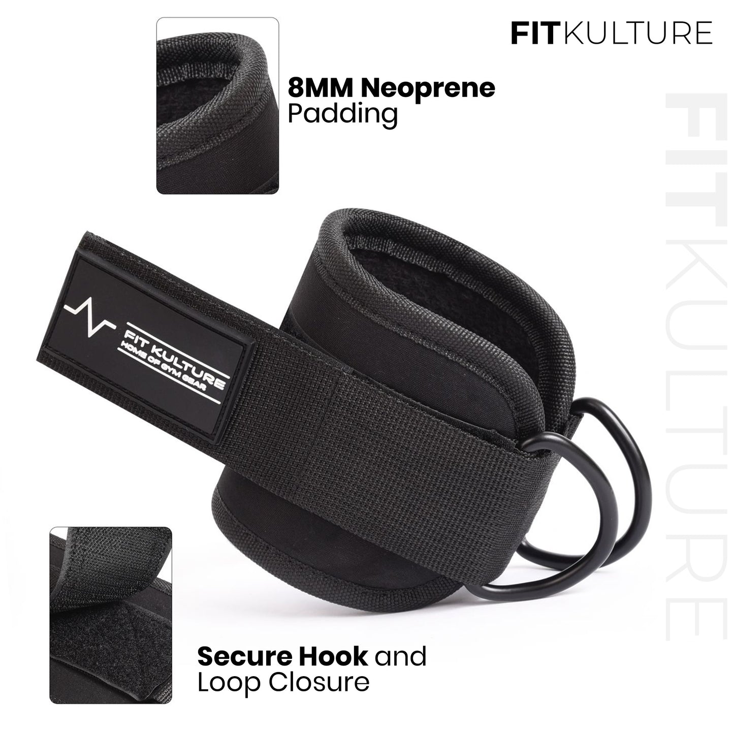 Adjustable Cable Machine Ankle Straps – 10" x 4" Neoprene, Double D-Ring, Unisex (Pair)