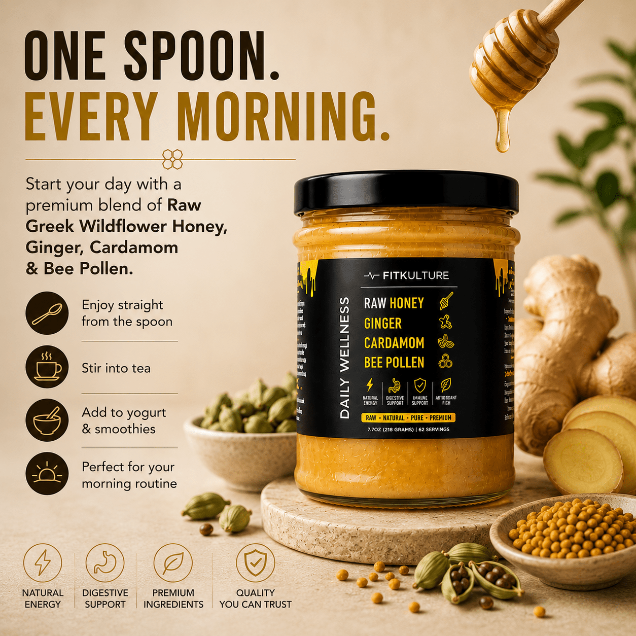 Fit Kulture Raw Greek Wildflower Honey with Ginger, Cardamom & Bee Pollen – 218g - Fit Kulture HQ