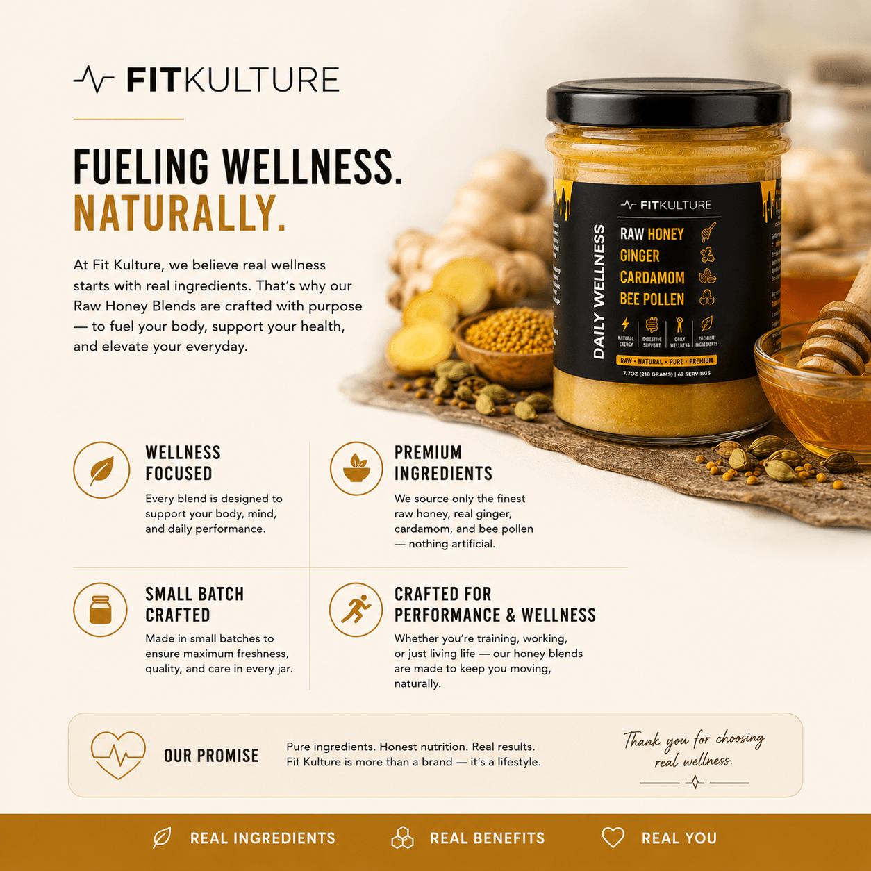 Fit Kulture Raw Greek Wildflower Honey with Ginger, Cardamom & Bee Pollen – 218g - Fit Kulture HQ