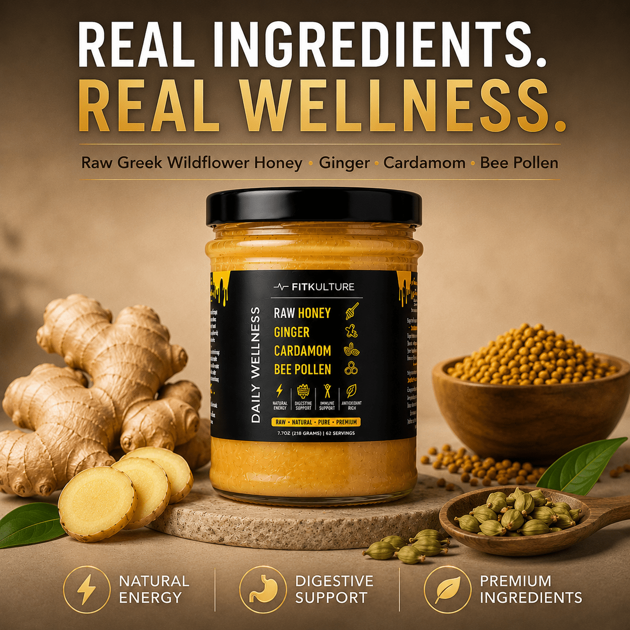 Fit Kulture Raw Greek Wildflower Honey with Ginger, Cardamom & Bee Pollen – 218g - Fit Kulture HQ