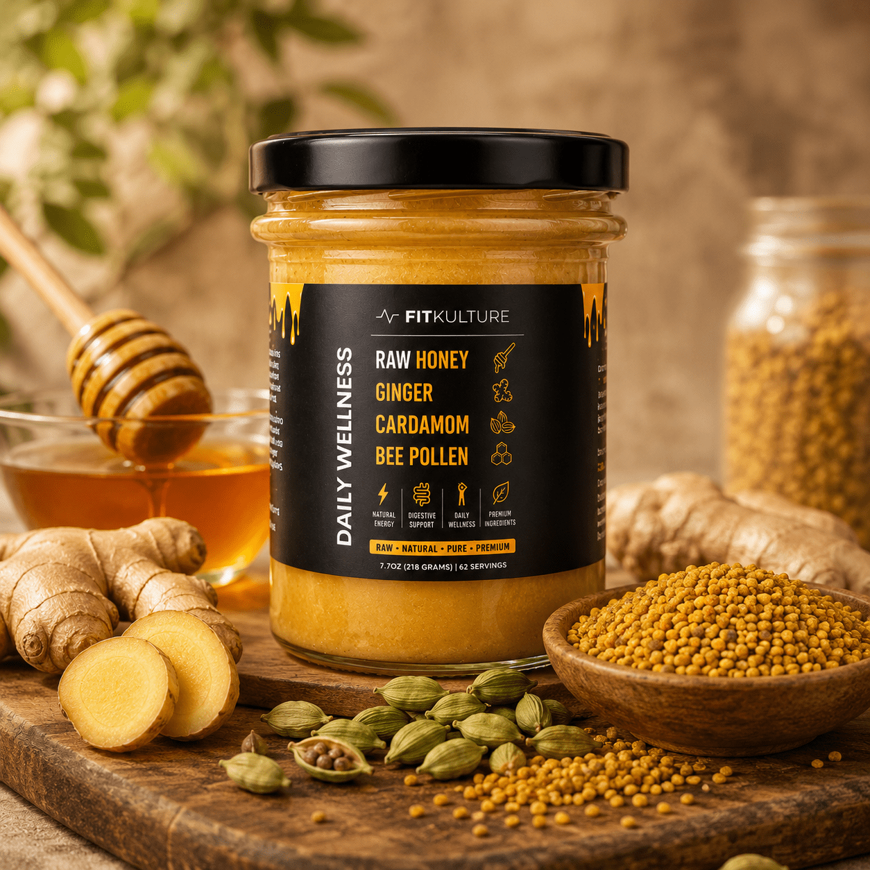 Fit Kulture Raw Greek Wildflower Honey with Ginger, Cardamom & Bee Pollen – 218g - Fit Kulture HQ