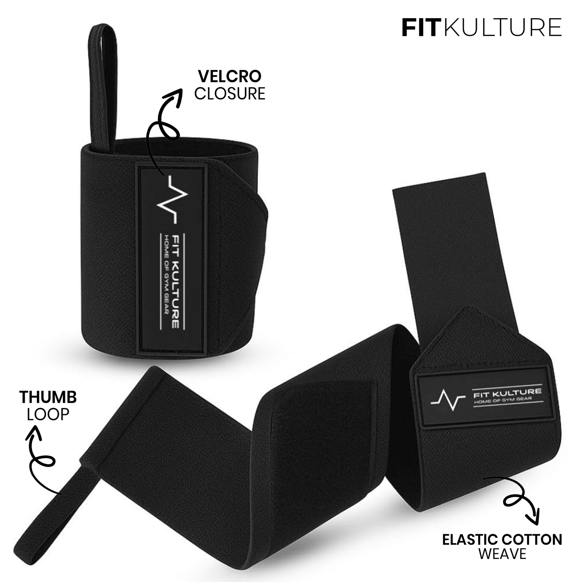 Heavy Duty Wrist Wraps (Pair) – Cotton Lifting Straps for Gym & Powerlifting – Black - Fit Kulture HQ