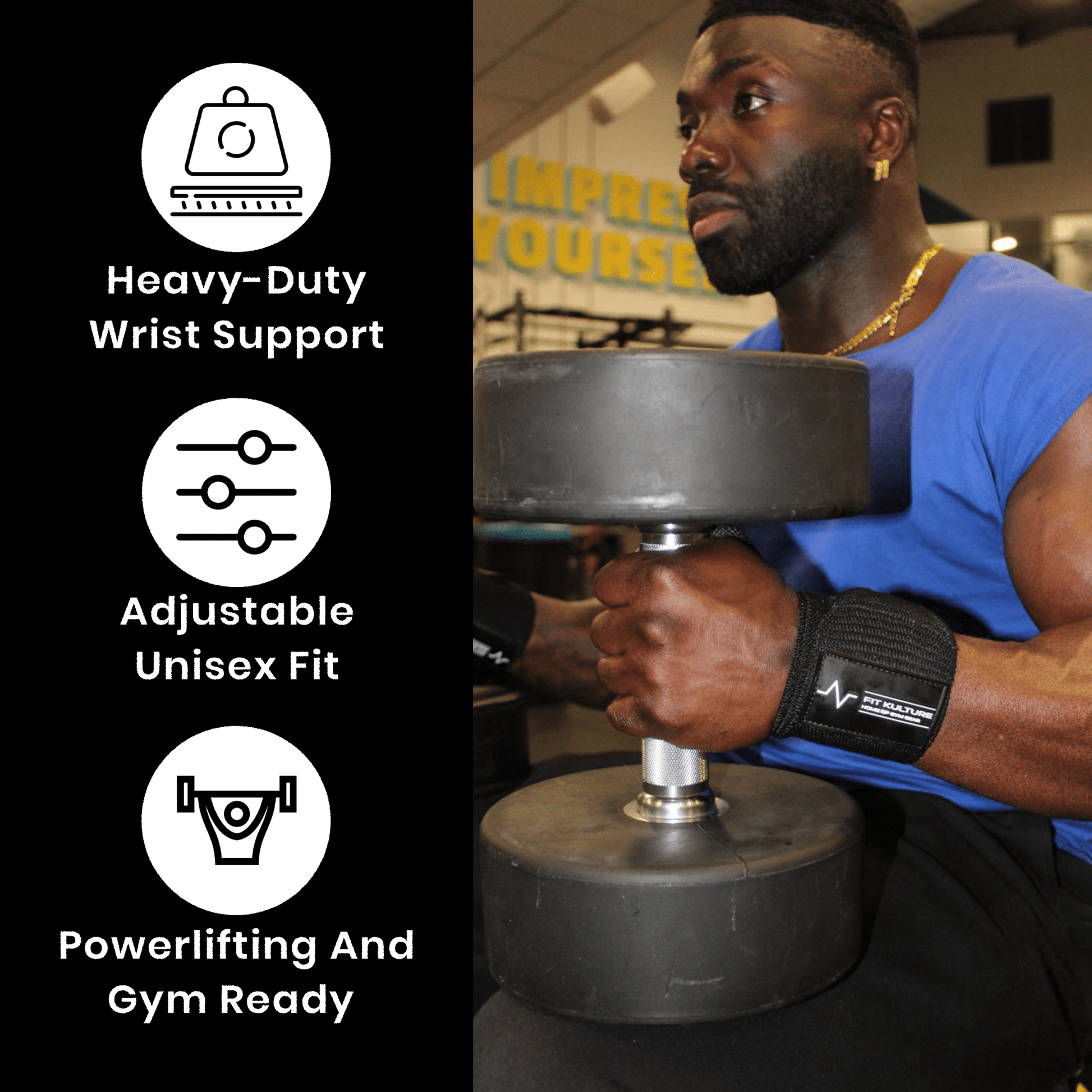 Heavy Duty Wrist Wraps (Pair) – Cotton Lifting Straps for Gym & Powerlifting – Black - Fit Kulture HQ
