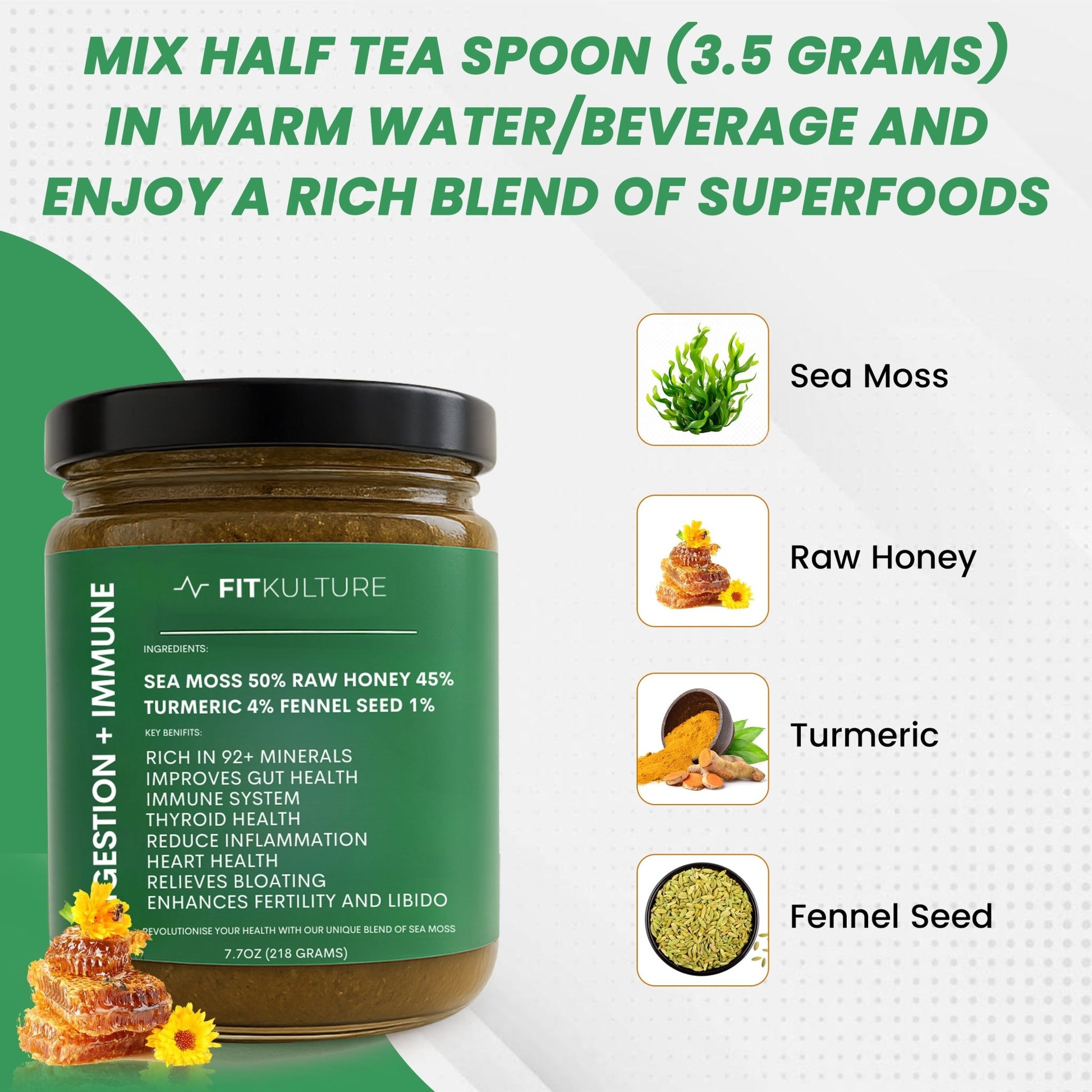 Raw Honey - Sea Moss Blend With added Turmeric and Fennel seeds - Fit Kulture HQ